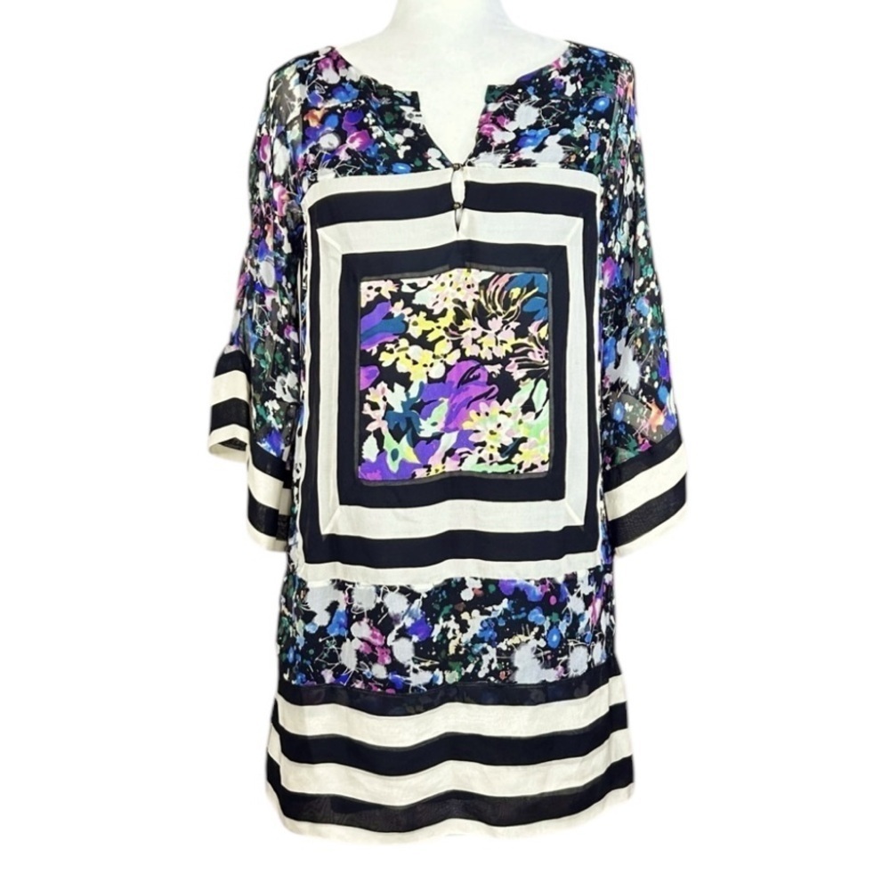 Diane Furstenberg Silk Dress 0 Vintage Floral Geometric Tabalah Bell Sleeve